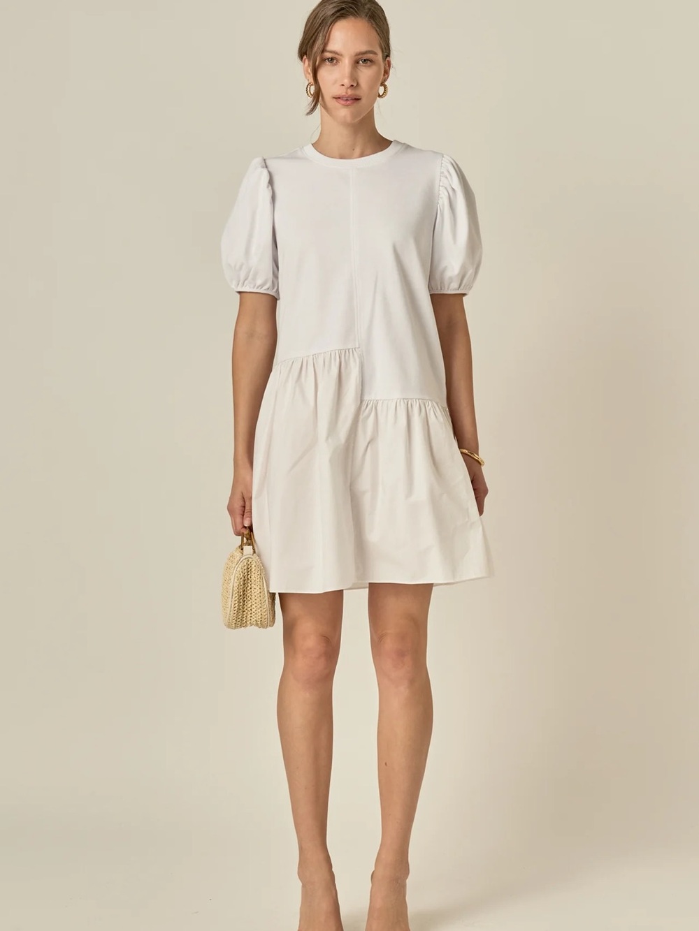 English Factory White Puff Sleeve Tiered Mini Dress